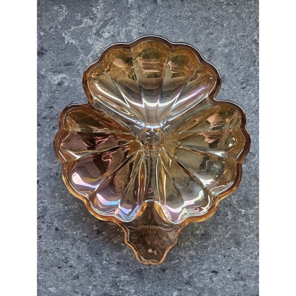 Vintage Jeannette Carnival Glass Marigold Clover Leaf Candy Dish Triple Divide - Picture 6 of 7